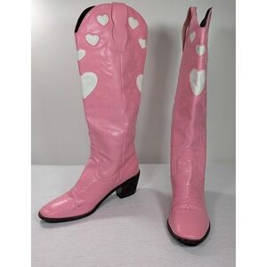 Pink Heart Western Cowboy Boots Knee High Pointed Toe Block Heel Size 40